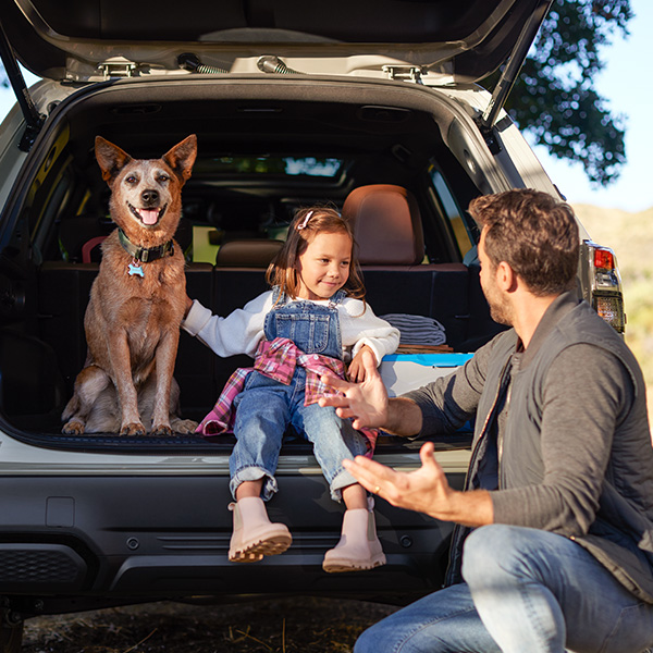 A father, daughter, and dog, in the back seat of a Subaru.